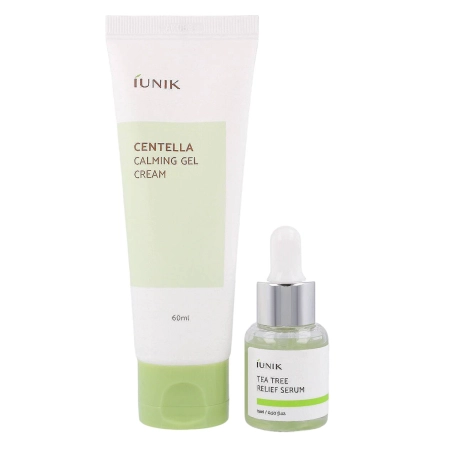 iUNIK - Centella Edition Skincare Set - Raminamasis Rinkinys: Gelis-Kremas su Azijine Centele 60ml ir Serumas Probleminei Odai su Arbatmedžio Vandeniu