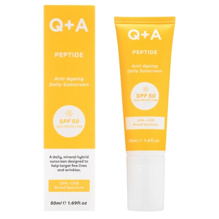 Q+A - Peptide SPF50 Anti-Ageing Facial Sunscreen - Senėjimo Požymius Mažinantis Apsauginis Kremas nuo Saulės Veidui su Peptidu ir SPF50 - 50ml