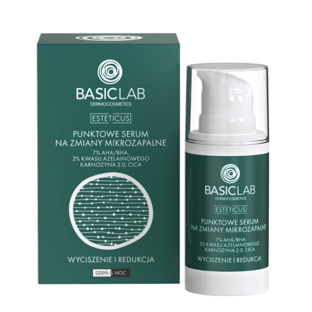 BasicLab – Nuraminimas ir Mažinimas – Serumas nuo Mikrouždegimų su 7 % AHA/BHA, 3 % Azelaino Rūgštimi ir Laktoferinu – 15 ml