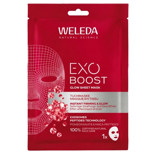 WELEDA - Exo Boost Glow Sheet Mask - Lakštinė Kaukė su Granatais ir Maca Peptidais - 1 vnt/20ml