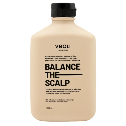 Veoli Botanica - BALANCE THE SCALP - Valomasis ir Reguliuojantis Šampūnas Riebiai Galvos Odai su 0,5% Defenscalp, 1,4% Glikolio Rūgštimi, 1% Koloidine Siera ir Melatoninu – 300ml