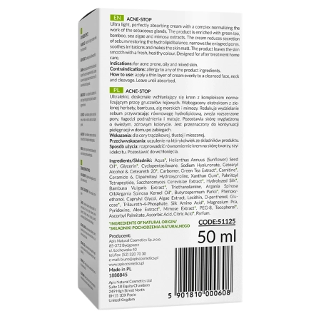 Apis - Home Terapis - Acne-Stop - Light Normalizing and Anti-Acne Cream with Green Tea - Lengvas Normalizuojantis ir Antispuoginis Kremas su Žaliąja Arbata - 50ml