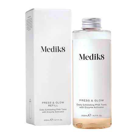 Medik8 - Press&Glow Refill - Tonikas su PHA Rūgštimi ir Eksfoliaciją Aktyvuojančiais Enzimais - Press&Glow Papildymo Buteliukas be Pompos - 200 ml