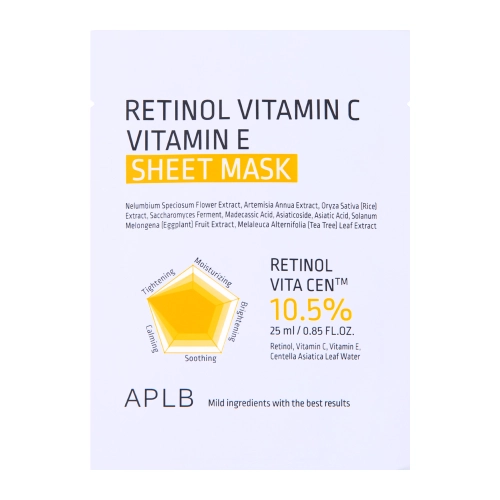 APLB - Retinol Vitamin C Vitamin E Sheet Mask - Lakštinė Kaukė su Retinoliu ir Vitaminais C ir E - 1vnt/25ml