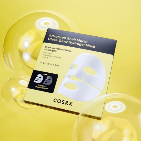 COSRX - Advanced Snail Mucin Glass Glow Hydrogel Mask – Hidrogelinių Kaukių su Sraigių Gleivėmis Rinkinys – 34 g x 3 vnt.