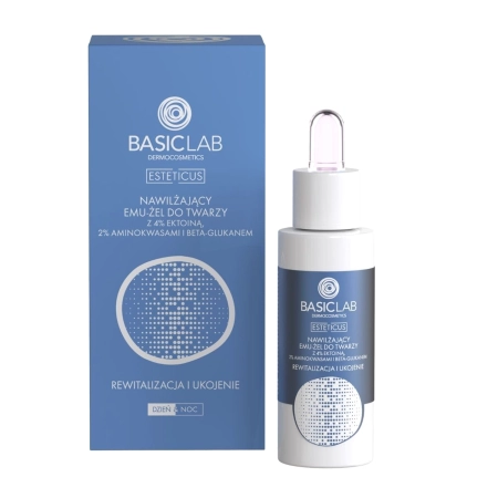 BasicLab - Esteticus - Atgaivinimas ir Raminimas - Drėkinamasis Emu-Gelis Veidui su 4% Ektoinu, Aminorūgštimis ir Beta-Glukanu - 30ml