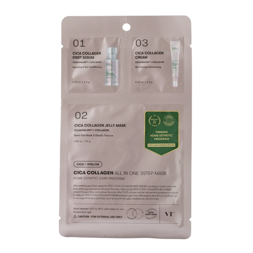 VT Cosmetics - CICA Collagen All In One 3 Step Mask – Drėkinamoji ir Regeneruojamoji Lakštinė Veido Kaukė – 1,5 g + 1,5 g + 25 g