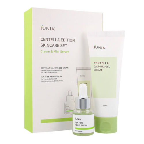 iUNIK - Centella Edition Skincare Set - Raminamasis veido kremas su Centella Asiatica 60 ml ir serumas probleminei odai su arbatmedžio vandeniu