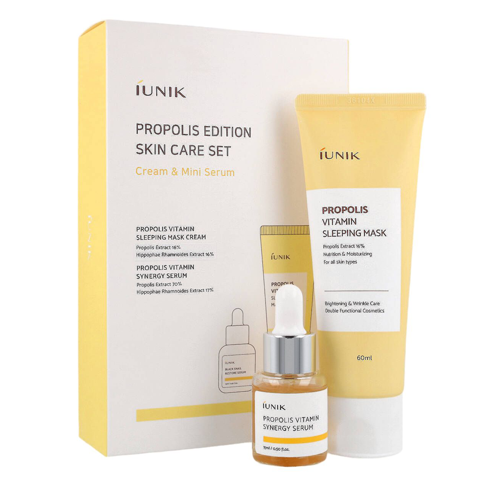 iUNIK - Propolis Edition Skincare Set - Propolio drėkinamosios drėkinamosios naktinės kaukės rinkinys 60ml ir vitaminų serumas su propoliu 15ml